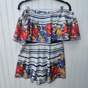 NEW Flying Tamato Floral Off-Shoulder Striped Romper Womens Medium